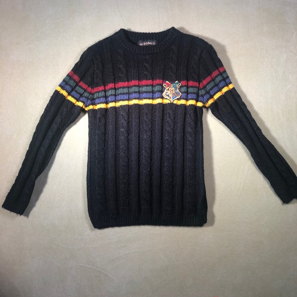 Harry Potter Sweater Unisex XS Black Cable Knit Hogwarts Crest Striped Pullover